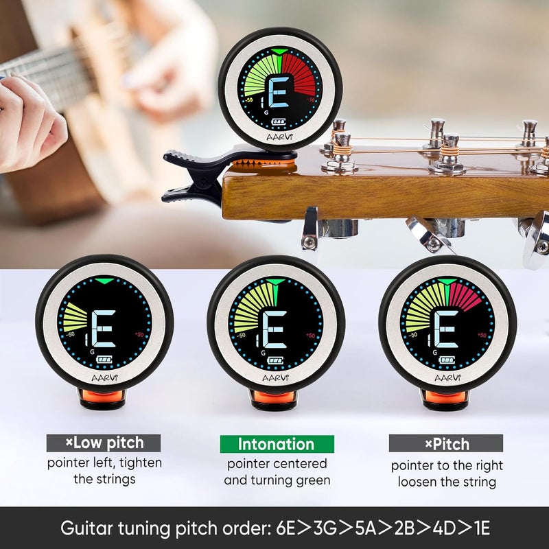 Aarvi Clip on guitar tuner rechargeable, for all instruments, acoustic/electric guitar, ukulele, bass, violin, Banjo, color LCD, semitone tuner, 4 Pack Guitar Picks Included - Image 4